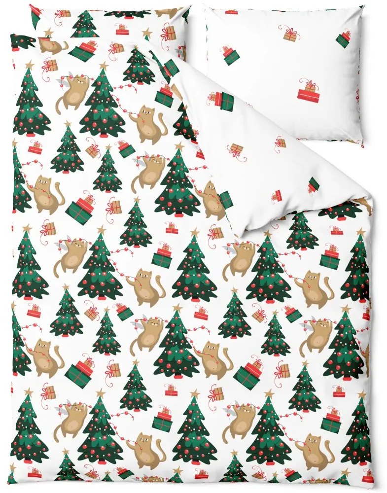 Vianočné saténové posteľné obliečky – motív Mačacie Vianoce - 70 x 90 cm + 140 x 200 cm