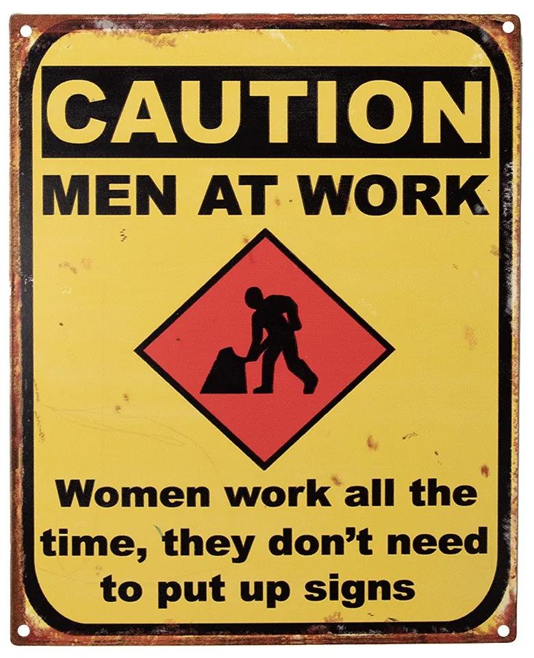 Žltá antik nástenná kovová ceduľa Caution, Men At Work - 20*1*25 cm
