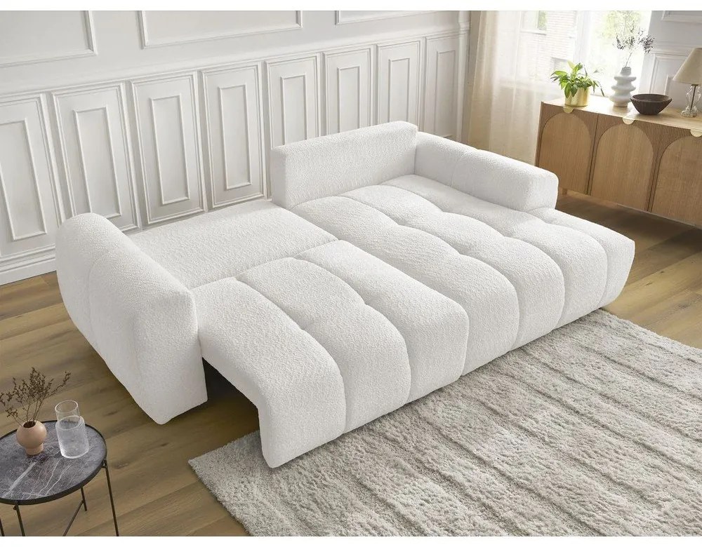 Biela rozkladacia/s úložným priestorom rohová pohovka z textílie buklé (pravý roh/s leňoškou) Roxelane – Bobochic Paris