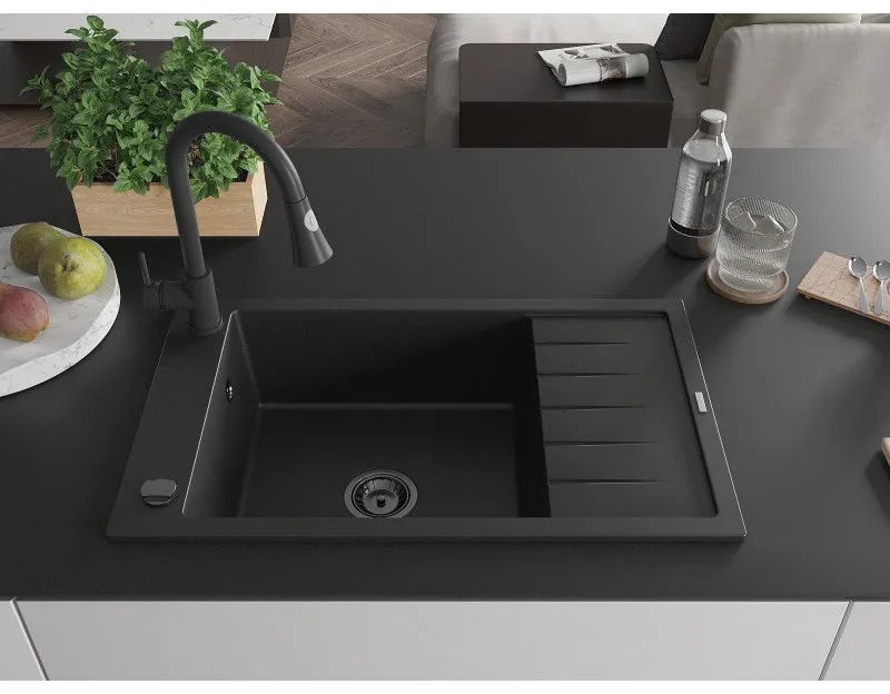 Mexen Elias, 1-komorový granitový drez 795x480x200 mm a drezová batéria Elia, čierna, 6511-77-670101-70-B