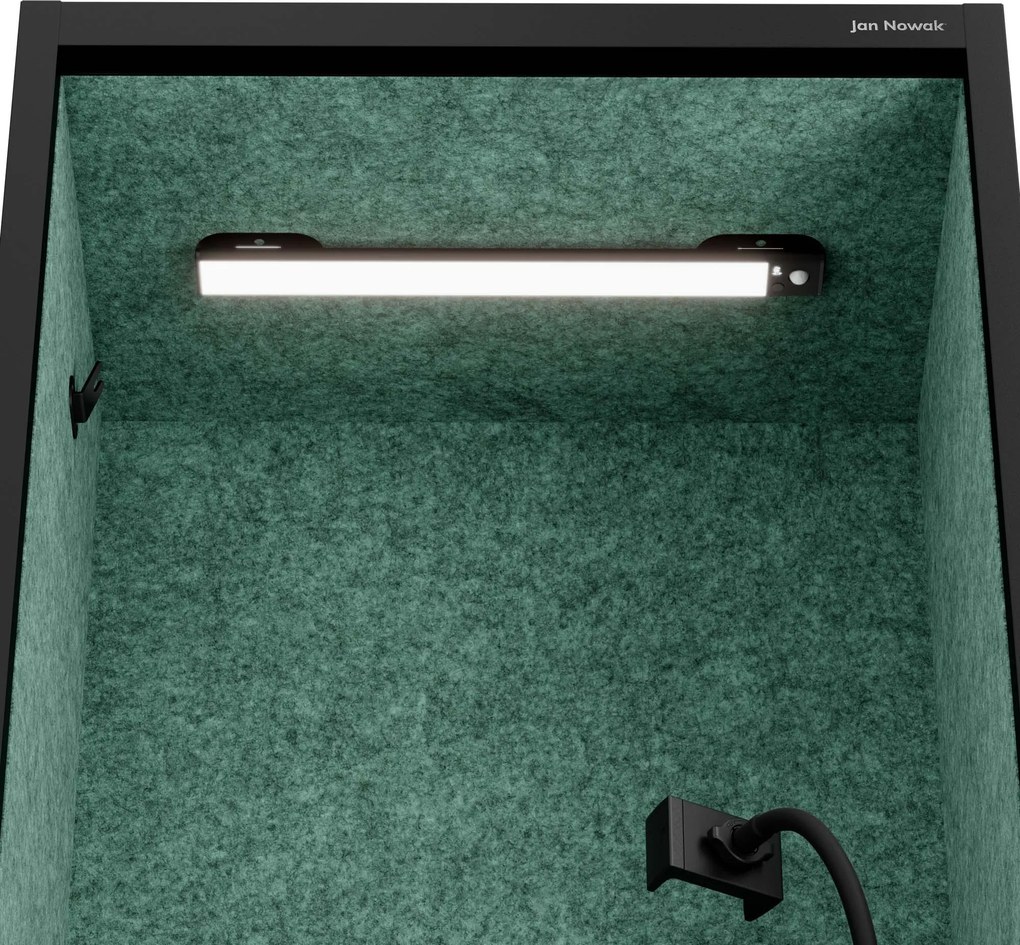 Kancelárska akustická kabína so sedadlom a portom USB-C, telo v čierny farbe / sedadlo v zelenej farbe, 600 mm: SALLY MentalBox