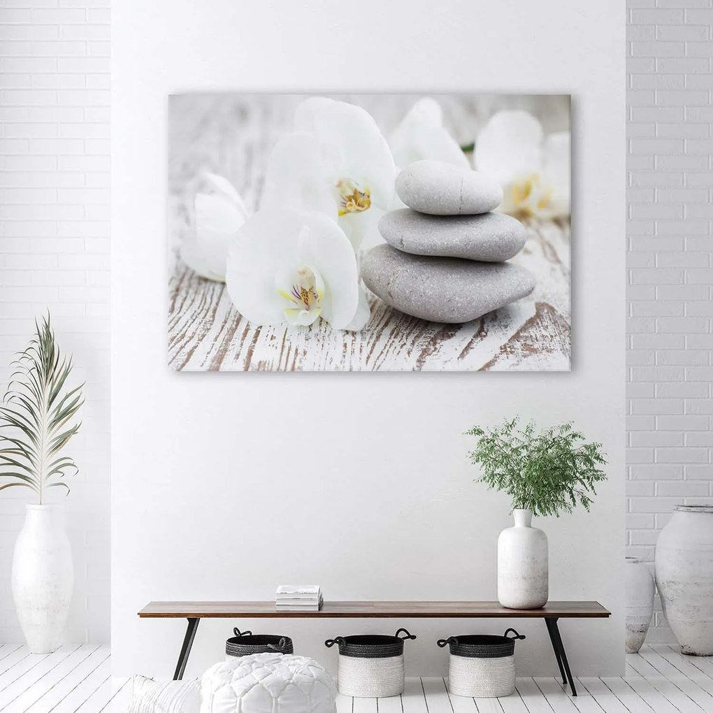Gario Obraz na plátne Biela orchidea a kamene Rozmery: 60 x 40 cm