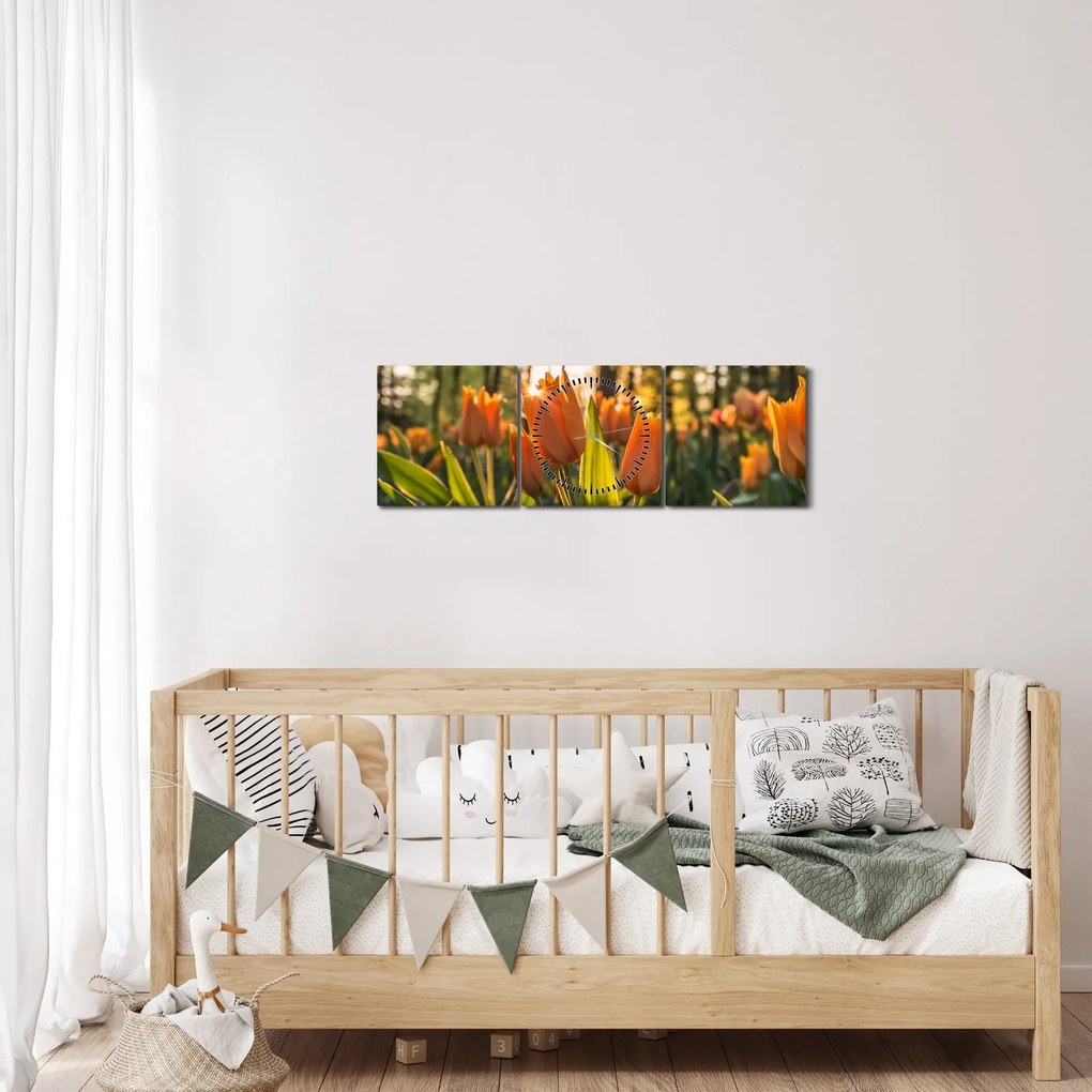 Obraz - oranžové tulipány (s hodinami) (90x30 cm)