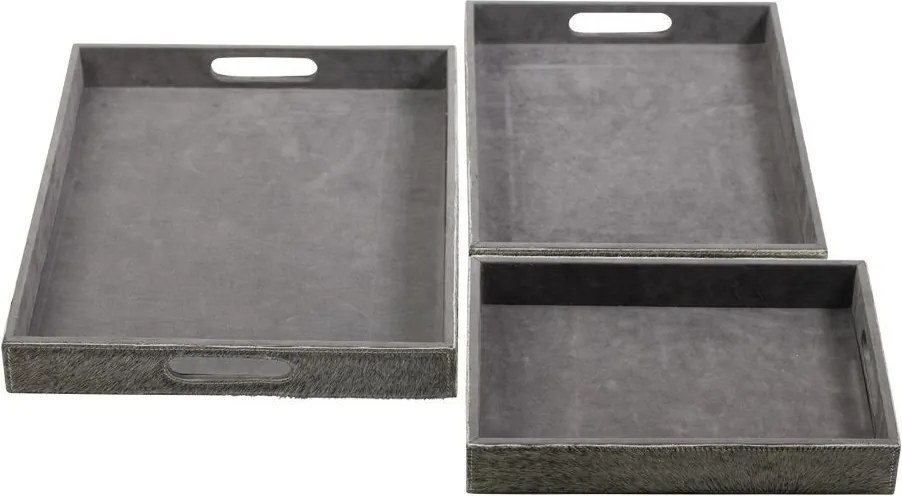 Sada 3ks servírovacie podnosy s hovädzou kožou šedá - 46 * 36,5 * 5cm / 40,5 * 30,5 * 5cm / 33,5 * 24,5 * 5cm