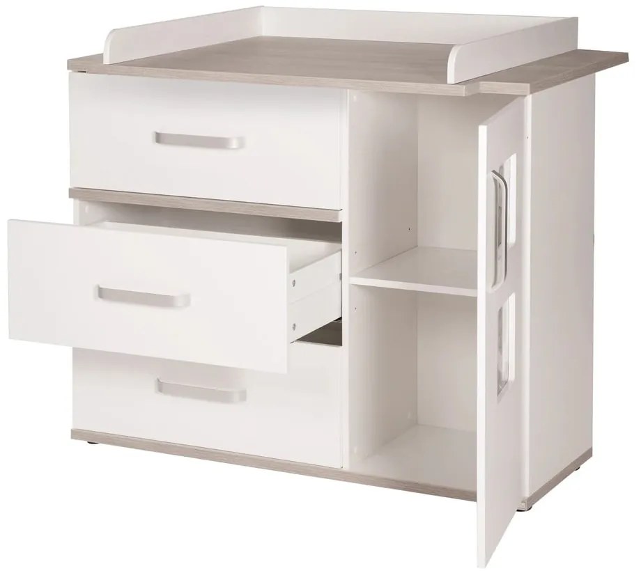Biela nízka detská komoda v dekore brestu s prebaľovacím pultom 117x102 cm Moritz – Roba