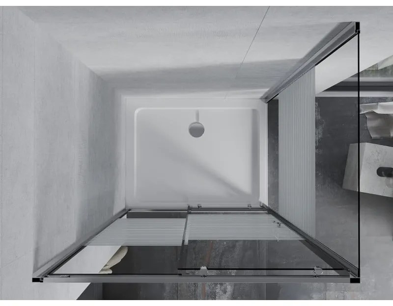 Mexen Apia, sprchový kút s posuvnými dverami 110 (dvere) x 90 (stena) cm, 6mm číre-pásy sklo, chrómový profil + slim sprchová vanička 5cm, 840-110-090-01-20-4010