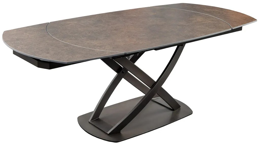 Dizajnový jedálenský stôl INCEPTION 130-190 cm rozkladací s bronzovým regálom, oválny, keramický, hrdzavý vzhľad