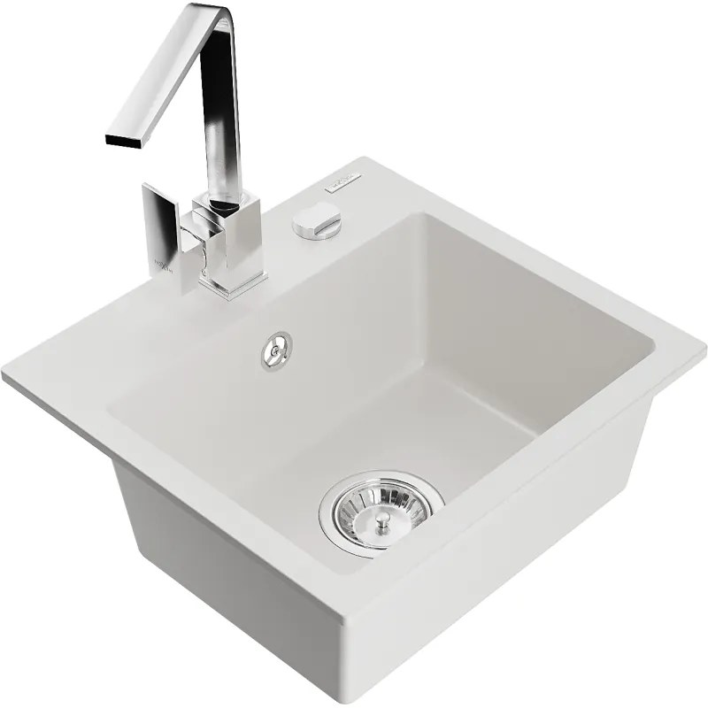Mexen Milo, 1-komorový granitový drez 435x410x171 mm a chrómová batéria Rita, biela, 6505-20-670300-00