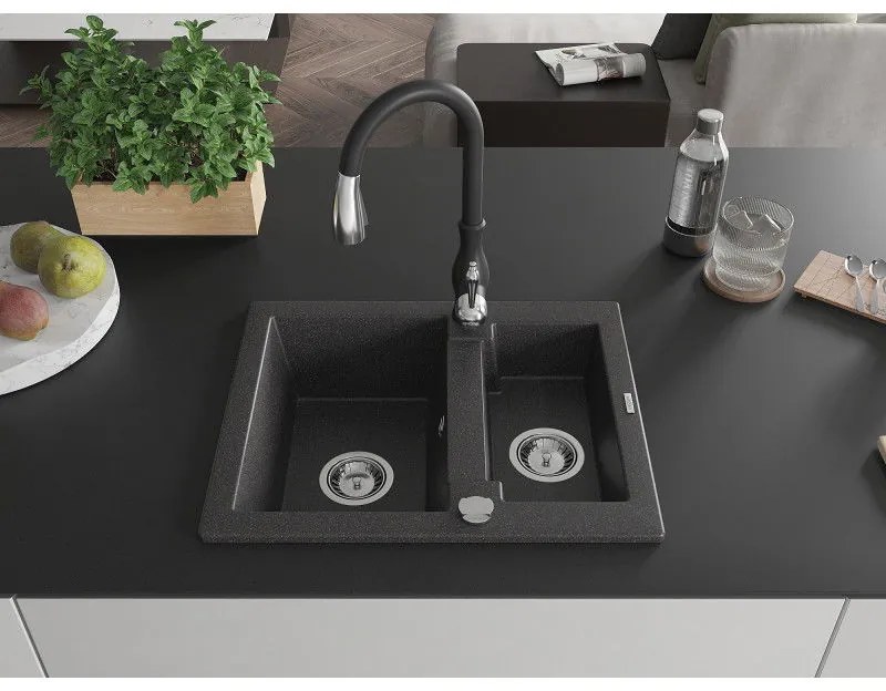 Mexen Carlos, 1,5-komorový granitový drez 582x475x177 mm a drezová batéria Savita, čierna škvrtnitá, 6518-76-672601-70