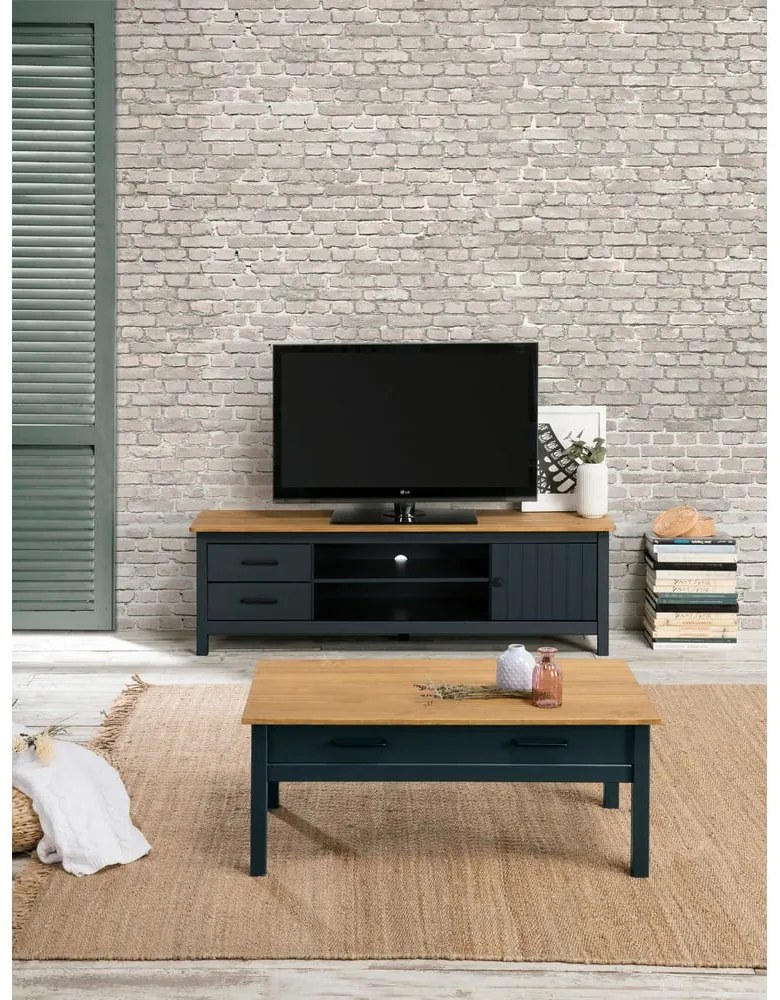 Tmavomodrý TV stolík z borovicového dreva 158x47 cm Miranda – Marckeric