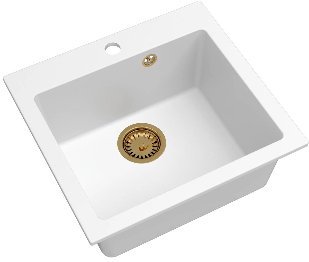 Sink Quality Ferrum 50, kuchynský granitový drez 490x450x195 mm + zlatý sifón, biela, SKQ-FER.W.1K50.XG