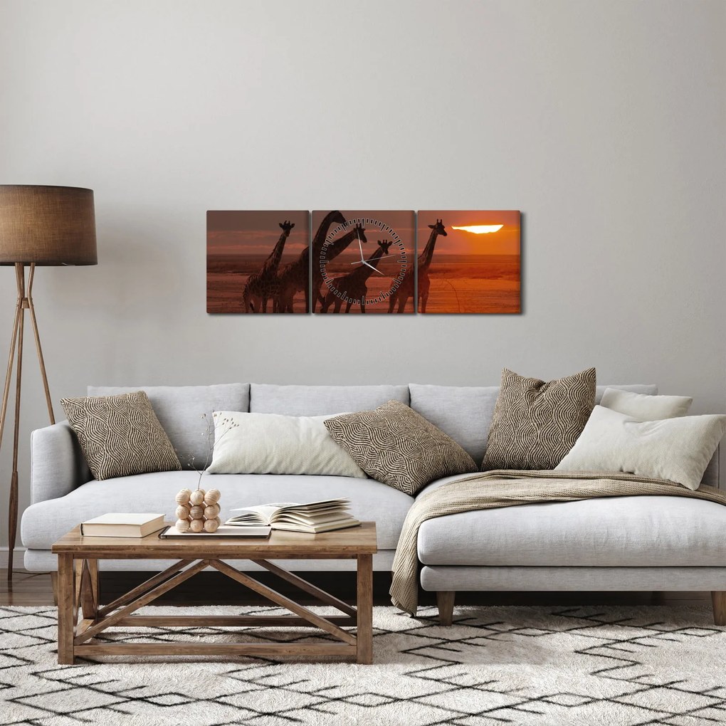 Obraz - Žirafy v africkej savane (s hodinami) (90x30 cm)