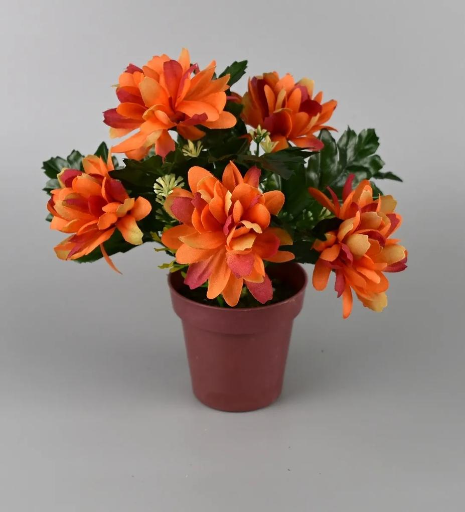 Umelá kvetina Chryzantéma v kvetináči 16 cm, oranžová