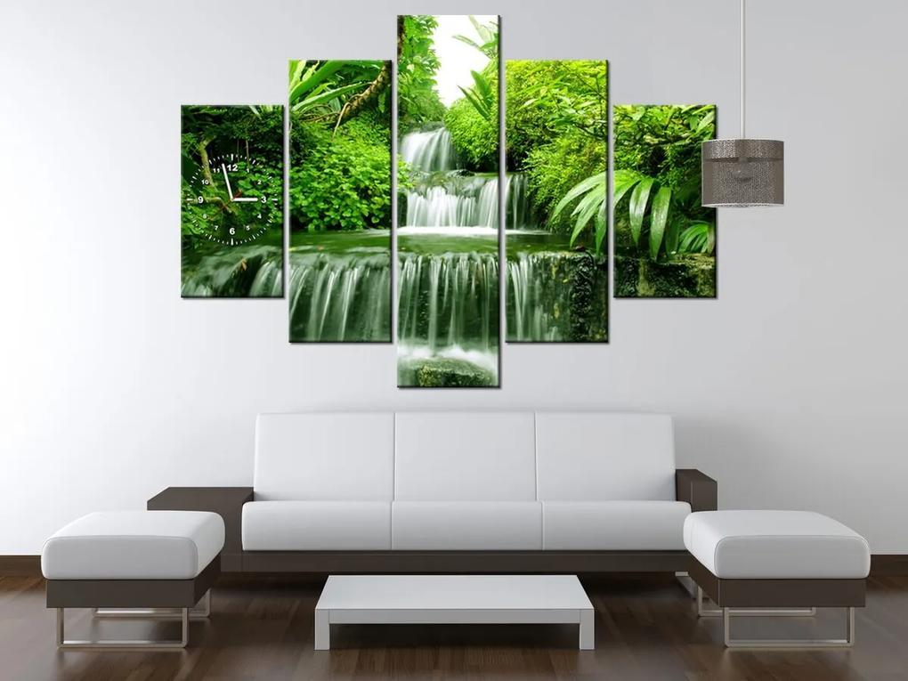 Gario Obraz s hodinami Vodopád v dažďovom pralese - 5 dielny Rozmery: 150 x 105 cm