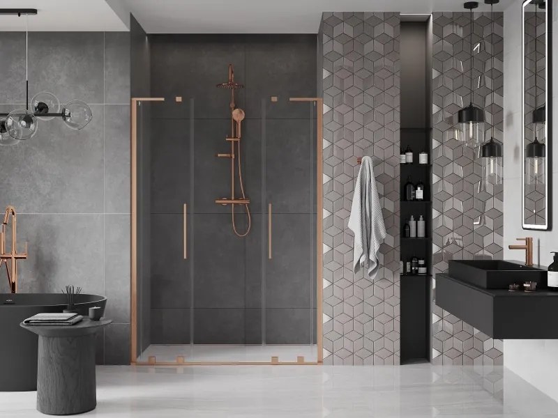 Mexen Velar L Duo, posuvné sprchové dvere do otvoru 150 cm, 8mm číre sklo, medená matná, 871-150-003-02-65
