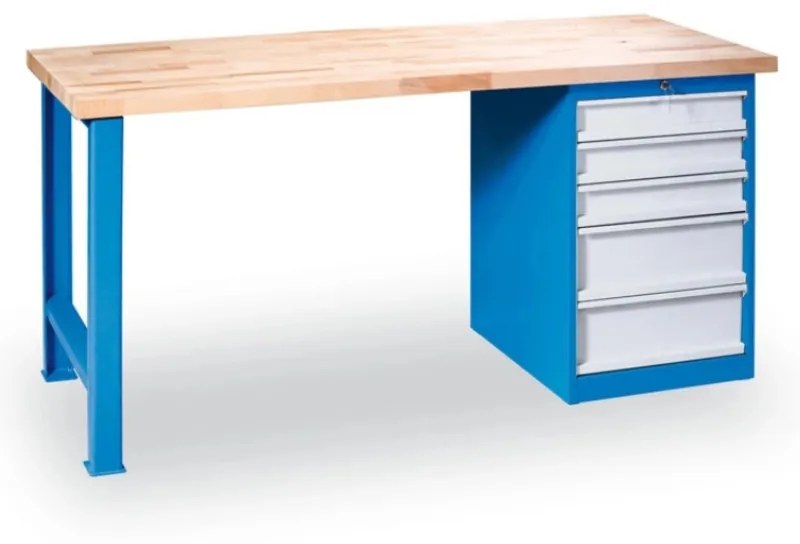 Dielenský pracovný stôl GD, buková škárovka, pevná noha + zásuvkový dielenský box na náradie, 5 zásuviek, 1200 x 685 x 850 mm, modrá