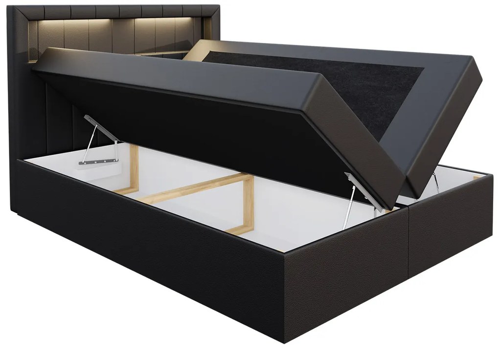 Kontinentálna posteľ Areto 200x200, čierna + LED