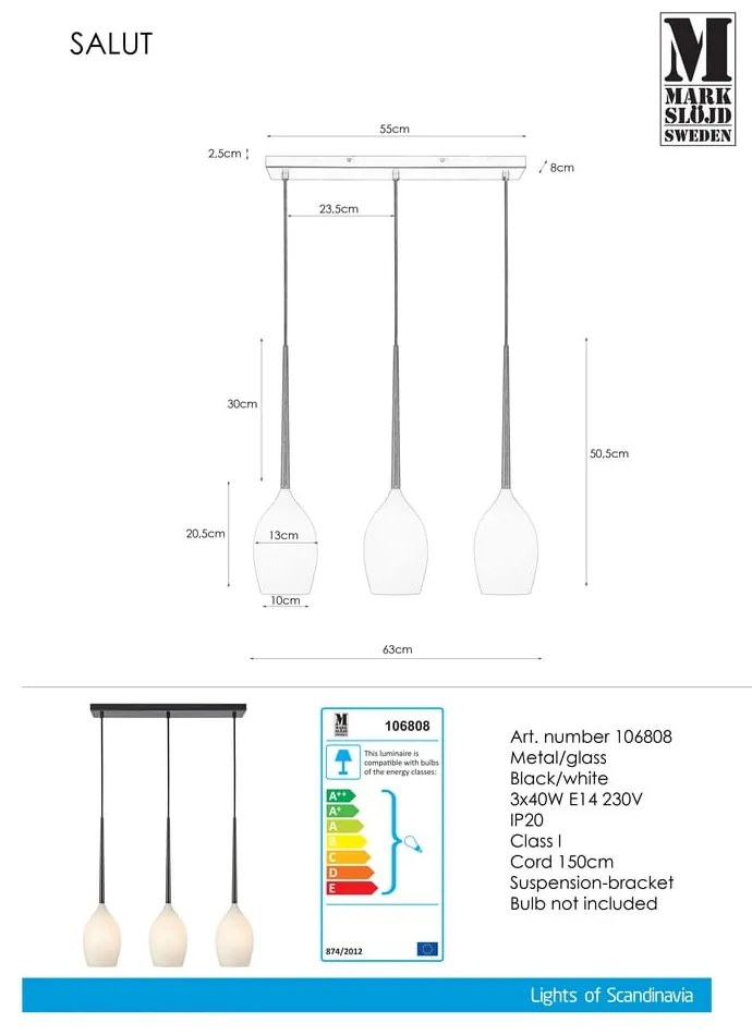 Biele/čierne závesné svietidlo so skleneným tienidlom Salut – Markslöjd