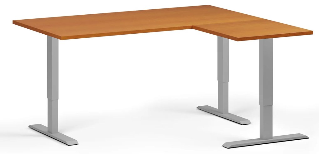 Výškovo nastaviteľný stôl, 160x140 cm, 3 motory, L/P, sivá podnož, čerešňa