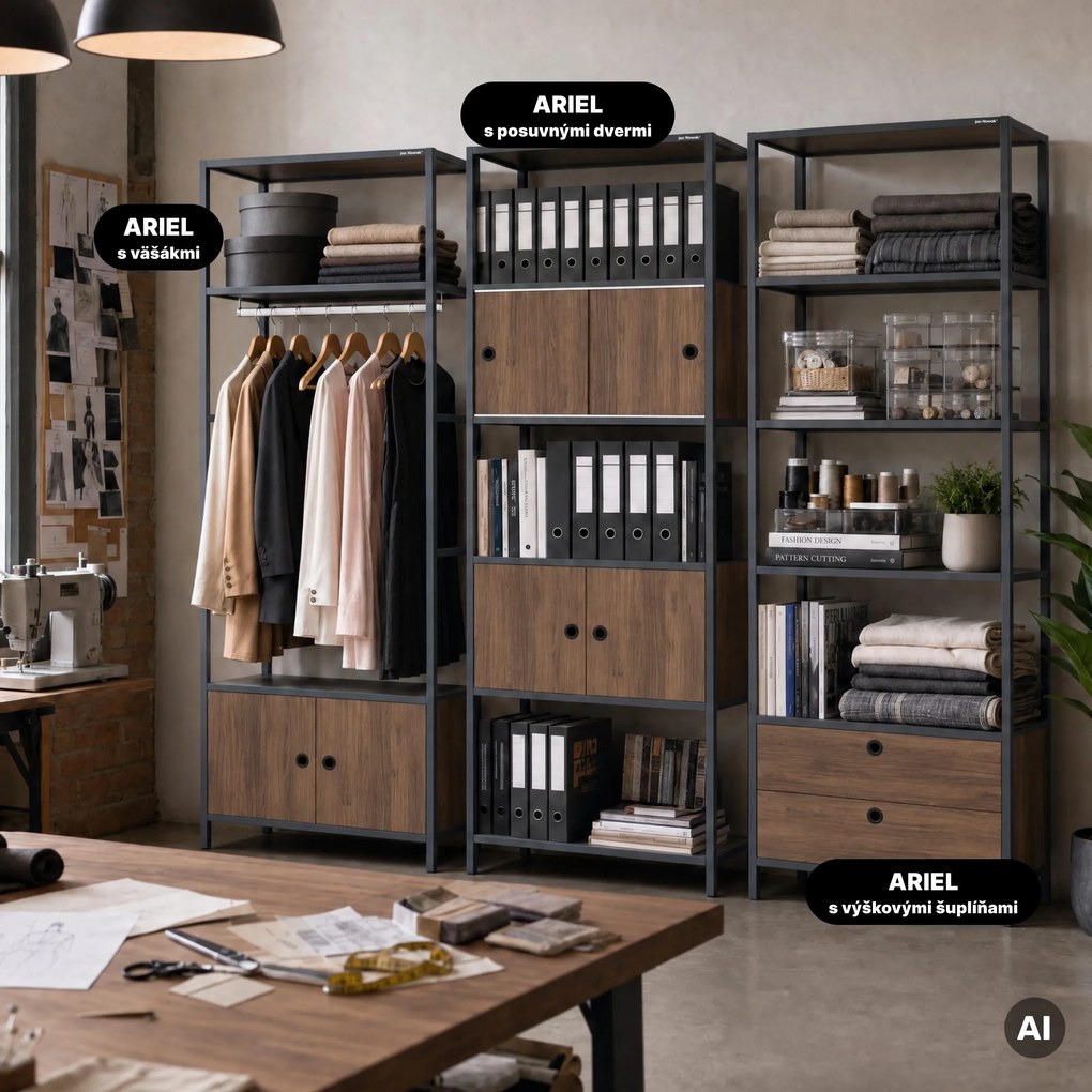 Regál na šanóny s uzamykateľnou skrinkou, kancelársky, otvorené police, kovový antracitový/orech, 800x2200x400 mm: ARIEL Eco Design
