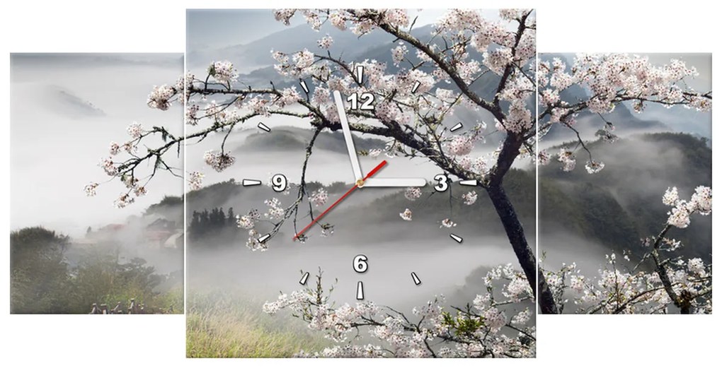 Gario Obraz s hodinami Kvitnúca višňa - 3 dielny Rozmery: 80 x 40 cm