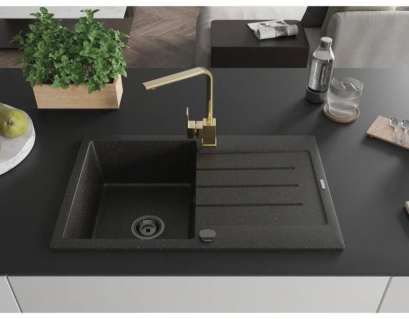 Mexen Bruno, drez granitový 795x495x200 mm, 1-komorový, čierna-zlatá metalíza s čiernym sifónom a čierna drezová batéria Rita, 6513-75-670300-50-B