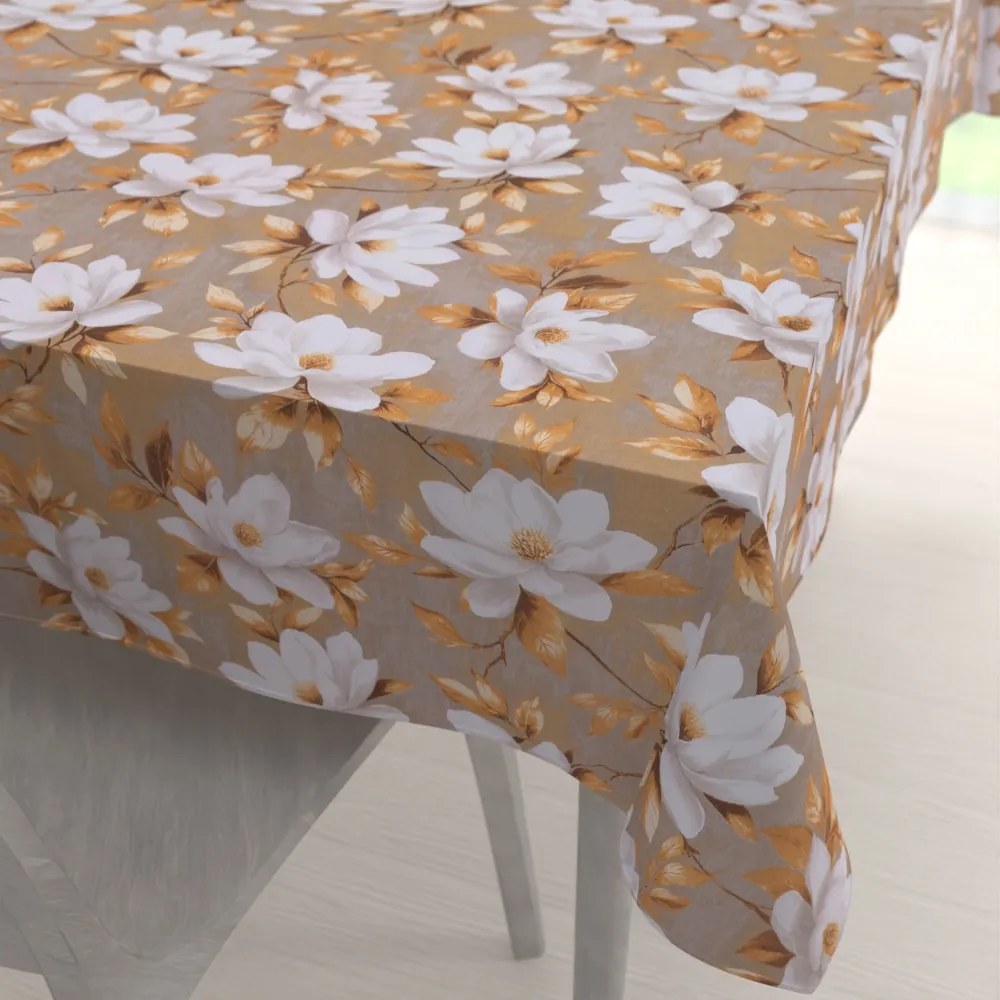 Biante Bavlnený obdĺžnikový obrus Sandra SA-717 Biele kvety magnólie na hnedosivom 120x180 cm