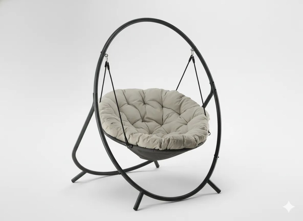 CH ZÁVESNÁ STOLIČKA NA TERASU – SVETLO BEŽOVÝ VANKÚŠ, ŠEDÝ RÁM 115,5 X 140 X 167,5 CM