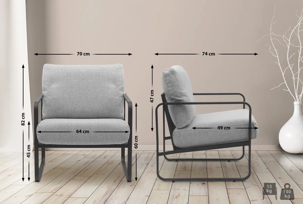 Kreslo Manea - látka / kov - Svetlo sivá