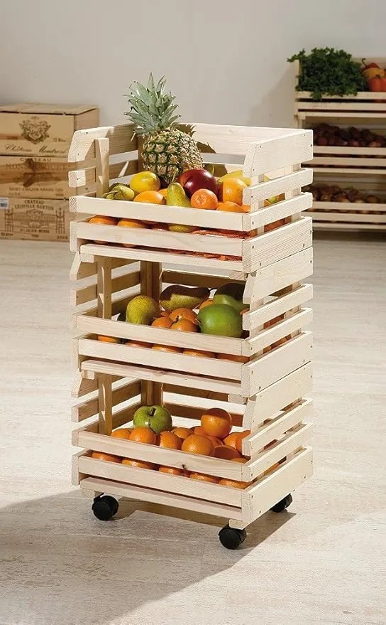 Kesper Drevený regál na ovocie a zeleninu, 3 stohovateľné debničky, 37x30x80