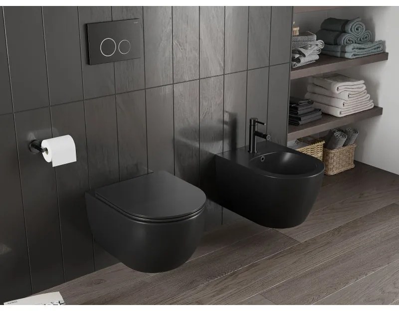Mexen Carmen, závesná WC misa 490x365x340 mm, Rimless Tornádo, čierna matná, 3388XX85T