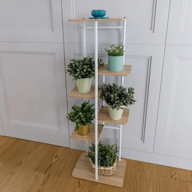 Kondela Stojan na kvety, kov biely, DTD dub sonoma, LEDOR TYP 2