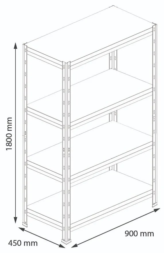Bezskrutkový kovový regál RIVET, 180x90x45 cm, 4x HDF polica, zinok