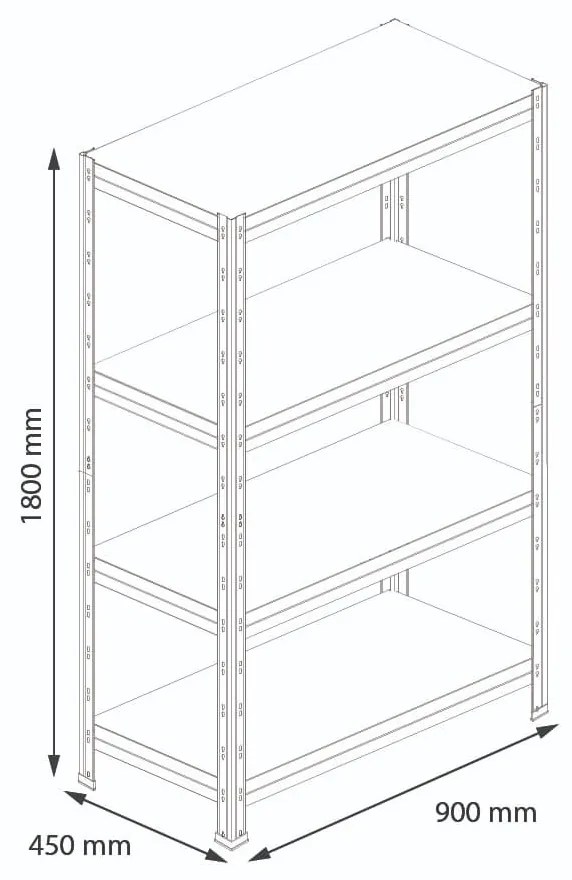 Majster Regál RIVET bezskrutkový kovový regál s HDF policou, 180x90x45 cm, 4 police, 250kg na policu, modrá farba, Modrá