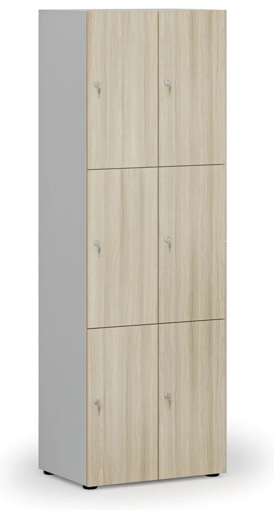 Drevená šatníková skrinka s úložnými boxmi, 6 boxov, cylindrický zámok, sivá/dub prírodný