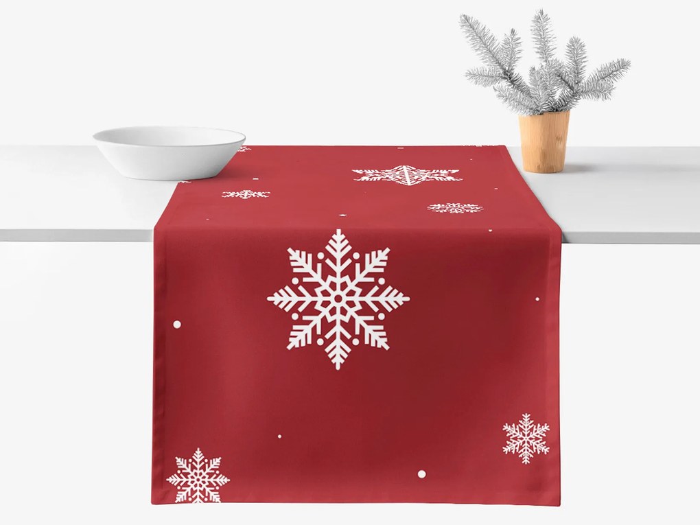 Goldea behúň na stôl 100% bavlnené plátno - snehové vločky na červenej 35x120 cm