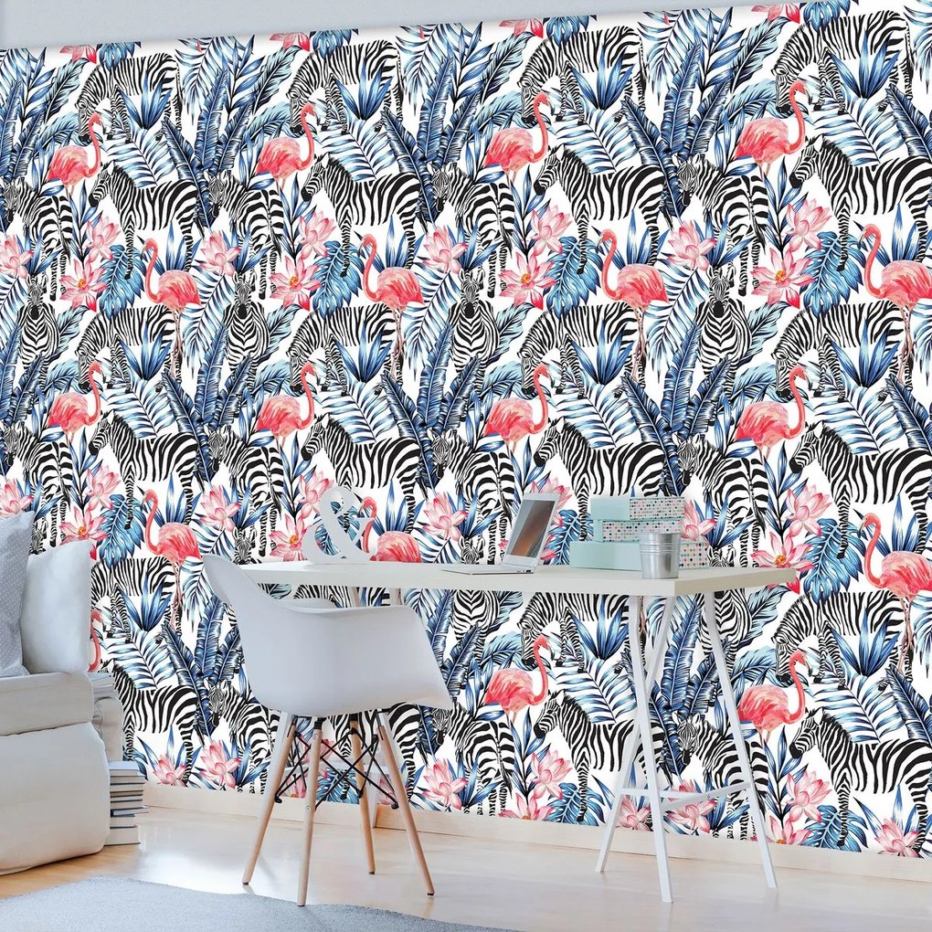 Fototapeta - Mozaika - zebra a plameniak (254x184 cm)