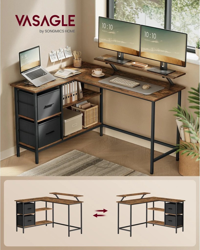 Písací rohový stôl s 2 priestrannými zásuvkami, so stojanom na monitor, rustikálny hnedý