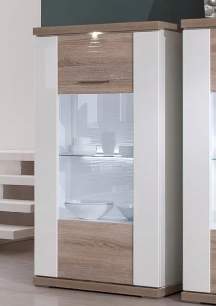 Vitrína Caracas typ 24, dub/biely lesk, s osvetlením