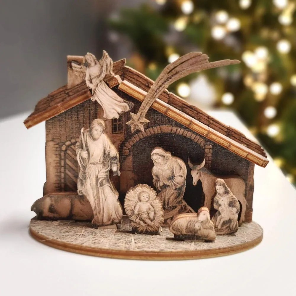 AMADEA Drevený skladací betlehem sépiový 3D 7 cm
