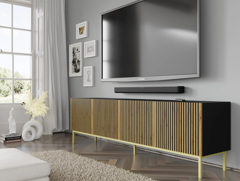 TV skrinka/stolík F 4D 200 Rowanna (dub artisan + čierna + zlatá). Akcia -20%. Vlastná spoľahlivá doprava až k Vám domov. 1125064