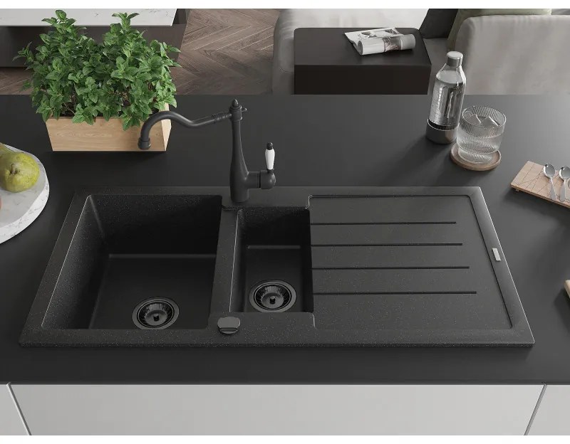 Mexen Andres, granitový drez 1000x500x200 mm, 1,5-komorový a drezová batéria Carla, čierna-strieborná metalíza, 6515-73-670700-70-B