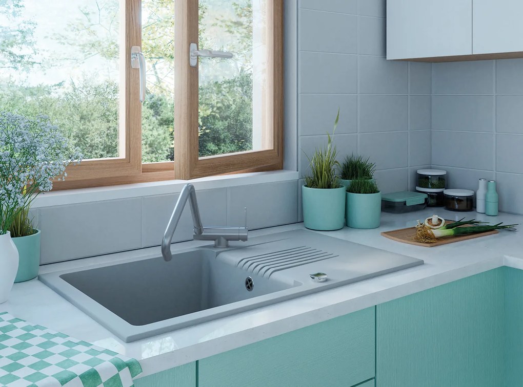 Laveo Celia, 1-komorový granitový drez 760x440x185 mm s dlhým odkvapkávačom, šedá, LAV-SJC1511T