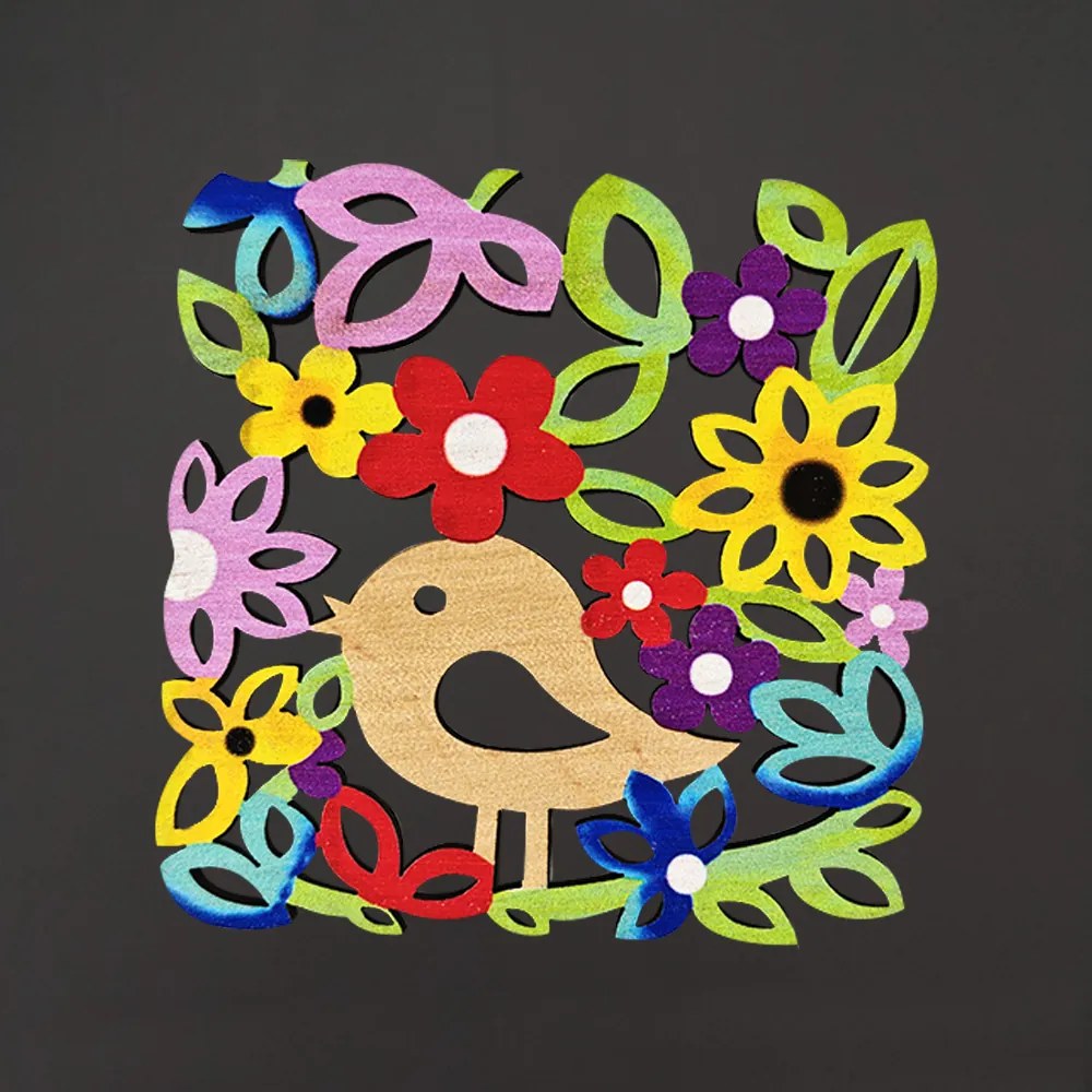 AMADEA Drevená podtácka hranatá s vtáčikom farebná, masívne drevo, 9x9 cm