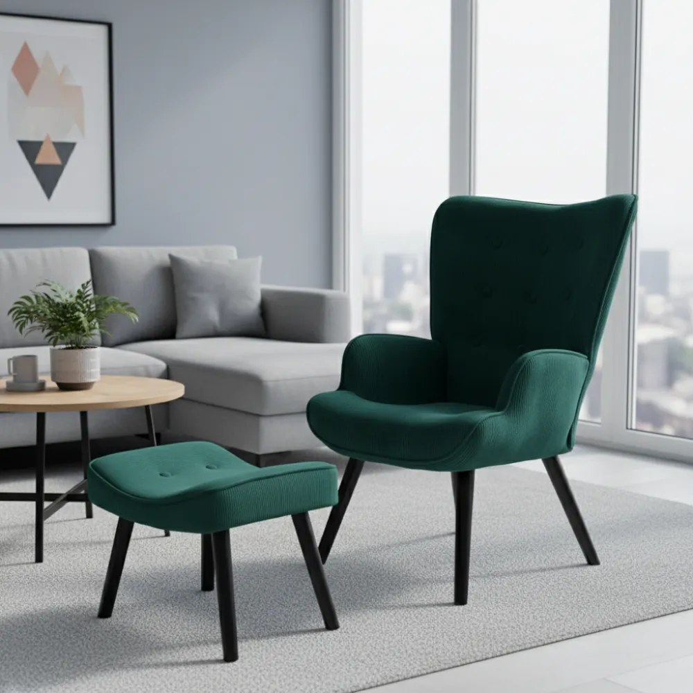 Kreslo ušiak CORDU + taburet — masív, manšestr, čierna / zelená