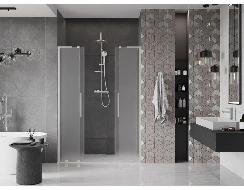 Mexen Velar L Duo, posuvné sprchové dvere do otvoru 150 cm, 8mm sklo námraza, brúsená oceľ, 871-150-003-32-97