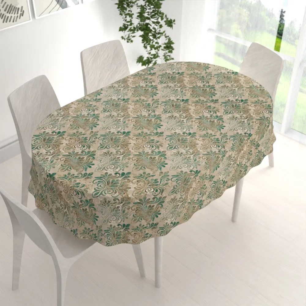 Biante Zamatový oválny obrus Tamara TMR-049 Hnedo-zelený zámocký vzor na svetlo hnedom 50x100 cm