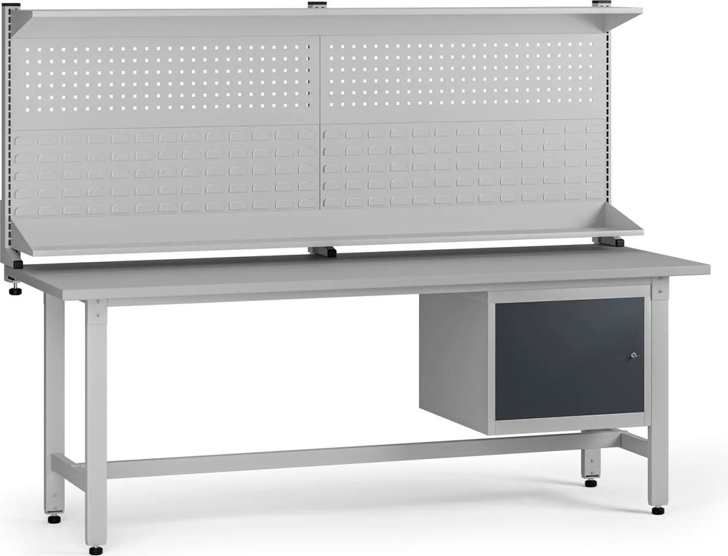 Výškovo nastaviteľný dielenský stôl G5 s nadstavbou, 2100 x 750 x 800-1000 mm, 1x skrinka, grafit