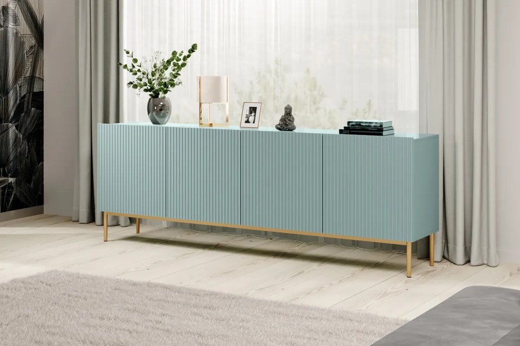 Komoda Nicole 200 cm - šalviová MDF / zlaté nožičky