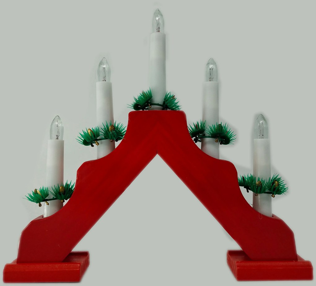 Vianočný drevený svietnik v tvare pyramídy, červená, 5 sviečok, teplá biela,